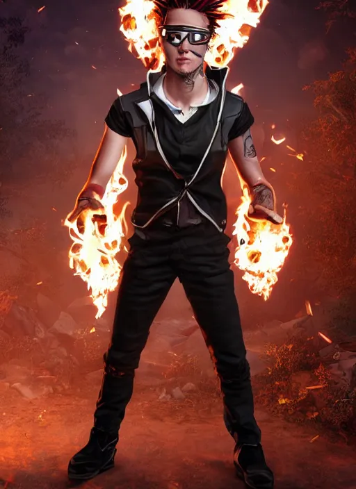 Image similar to An epic fantasy comic book style portrait painting of young man with long red spiked hair. Wearing a black waistcoat, white shirt, using googles. Blasting fire on his hands. Unreal 5, DAZ, hyperrealistic, octane render, cosplay, RPG portrait, dynamic lighting