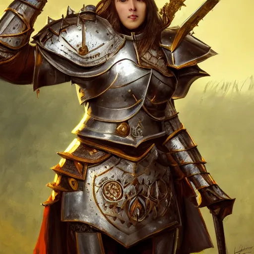 Image similar to highly detailed full body portrait painting of a proud young female knight wearing heavy armour in the style of Warhammer Fantasy by Craig Mullins and Lorenzo Nuti, medium hair, green eyes, earrings, low perspective, highly detailed, trending on artstation, cgsociety , 4k, 8k, HDR, octane render, unreal engine