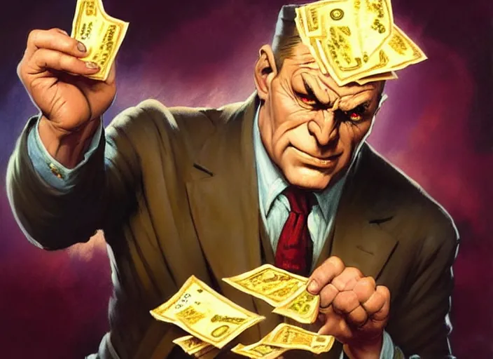 Image similar to magic : the gathering fantasy character concept art of the great businessman by frank frazetta, high resolution. a clear portrait of powerful, business man wearing a business suit, holding a wad of money made out of bread, bread bucks, bread shaped like dollar bills, magical bread and toast money swirling around, fantasy coloring, intricate, digital painting, artstation, smooth, sharp focus