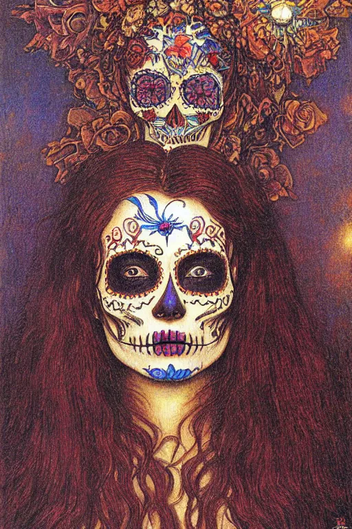 Image similar to Illustration of a sugar skull day of the dead girl, art by jean delville