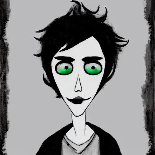 Image similar to young man portrait, black hair, skinny, sleep deprived, corpse bride art style