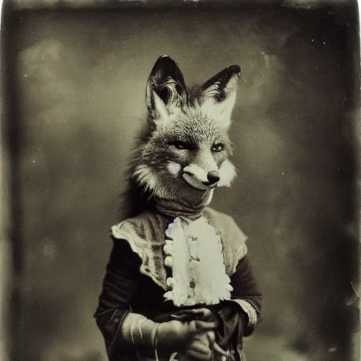 Image similar to a wet plate photo of an anthropomorphic fox dressed as maid marian - h 7 6 0