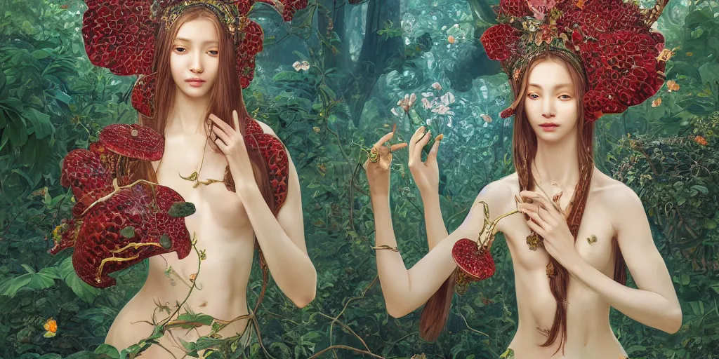 Prompt: breathtaking detailed concept art painting of the goddess of rafflesia arnoldii flowers, orthodox saint, with anxious, piercing eyes, ornate background, amalgamation of leaves and flowers, by Hsiao-Ron Cheng, James jean, Miho Hirano, Hayao Miyazaki, extremely moody lighting, 8K