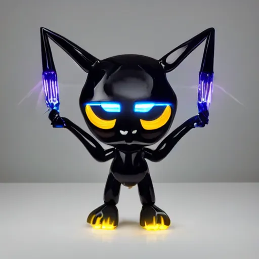 Image similar to a highly detailed vinyl figure with lighting bolts coming out of its eyes it is pointing to the right, RGB smile, square nose, electric eyes, sparking eyes, realistic lighting, realistic reflections, surprise, shocking