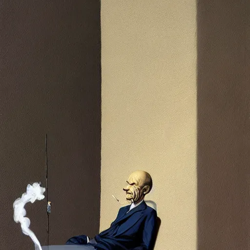 Image similar to Portrait of Dr. Nobody wearing a business suit smoking cigarette , very coherent, painted by Edward Hopper, Wayne Barlowe, painted by James Gilleard, airbrush, art by JamesJean