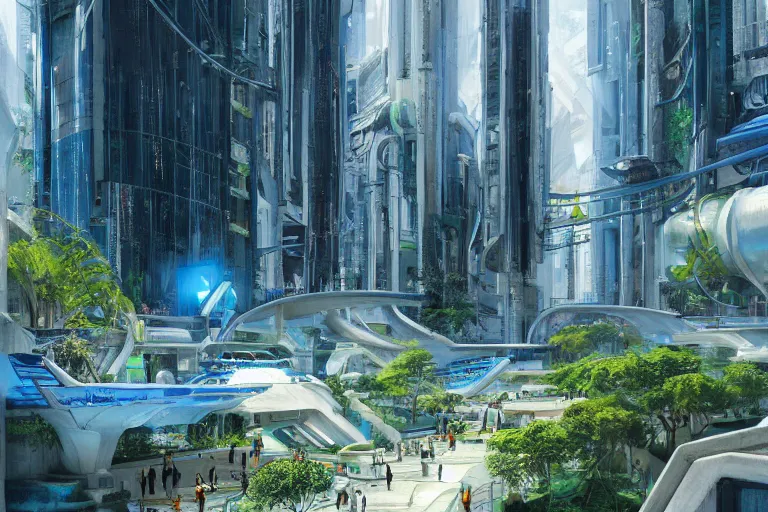 Prompt: futuristic cyberpunk city with Singaporean lush garden with royal blue and green and white and luxurious gold colors at Pamukkale, thermal waters flowing down white travertine terraces, intricate, elegant, luxurious, digital painting, concept art, smooth, sharp focus, from Star Trek 2021, illustration, by WLOP and Ruan Jia and Mandy Jurgens and William-Adolphe Bouguereau, Artgerm