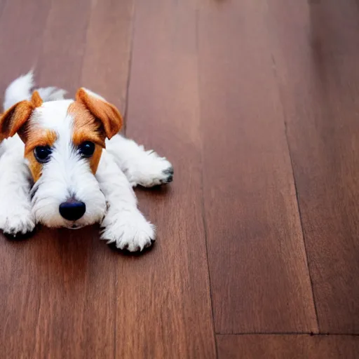 Image similar to iphone portrait picture of a foxterrier puppy, he is laying down in a hardwood floor kitchen, feet in the background