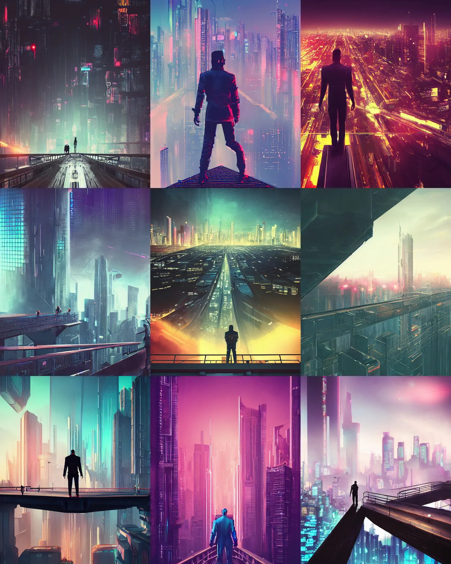 Image similar to a man standing on top of a bridge over a city, cyberpunk art by Vincent Lefevre, behance contest winner, altermodern, cityscape, synthwave, matte painting