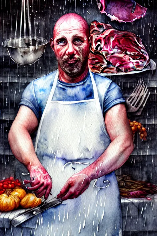 Image similar to watercolor portrait of a butcher with a white apron, raining, romantisism, outrun, pastel colors, painting, dramatic, detailed, by android jones