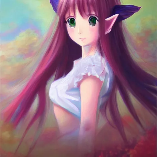 Prompt: oil painting of a beautiful pretty pure kawaii cute lovely innocent elegant hot nice sweet girly feminine long hair anime ELF waifu sister girl Trending on Pixiv