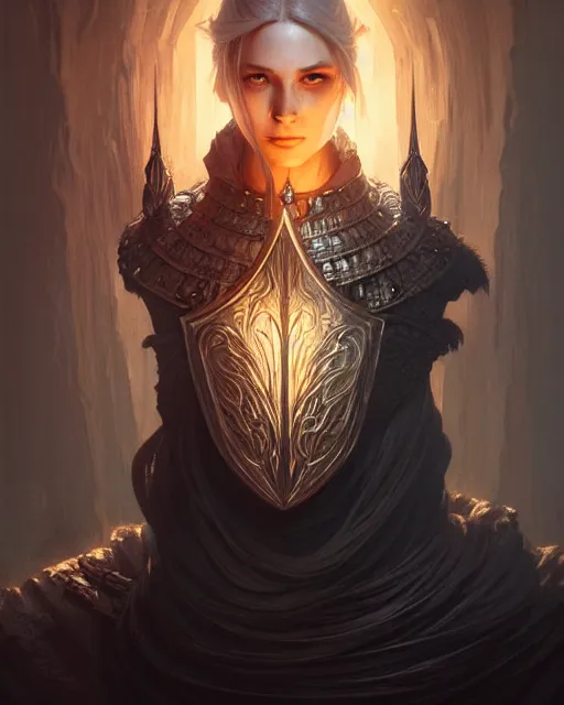 Image similar to Portrait of dark souls ashen one, dark fantasy, intricate, elegant, highly detailed, digital painting, artstation, concept art, smooth, sharp focus, illustration, art by artgerm and greg rutkowski and alphonse mucha