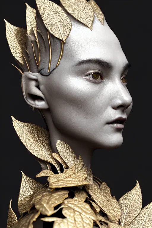 Image similar to bw close - up profile face, black background, beautiful young porcelain vegetal - dragon - cyborg - female, 1 5 0 mm, beautiful natural soft rim light, silver gold details, magnolia leaves and stems, roots, mandelbot fractal, elegant, hyper real, ultra detailed, white metallic armour, octane render, 1 6 k