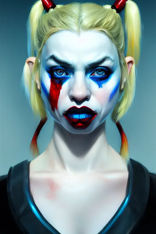 Image similar to ultra detailed half body portrait of harley quinn, blue eyes, sharp bone structure, extremely detailed digital painting, in the style of fenghua zhong and ruan jia and jeremy lipking and peter mohrbacher, mystical colors, rim light, beautiful lighting, 8 k, stunning scene, raytracing, octane, trending on artstation