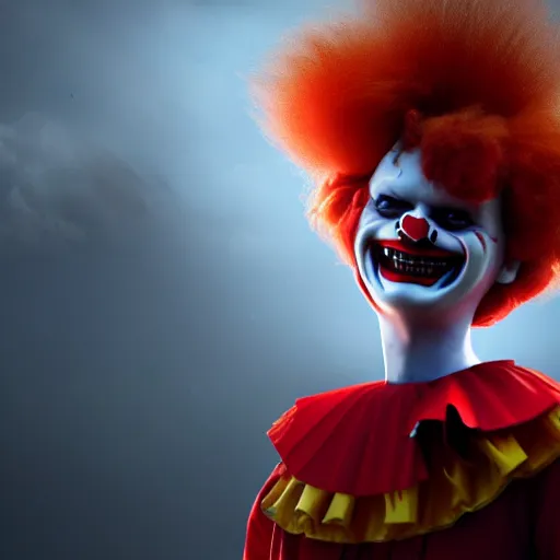 Prompt: the evil, horrible version of Ronald McDonald, epic full shot, cinematic lighting, matte painting, Artstationhd, 8k, award winning on Artstation, hyper detailed, hyper realistic