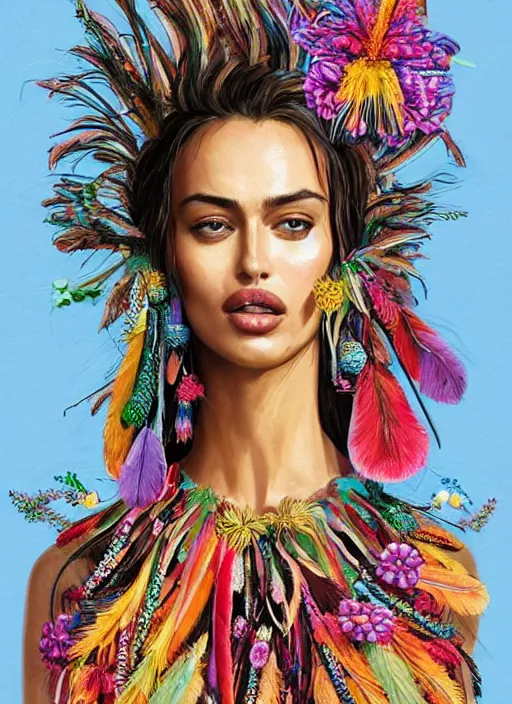 Prompt: beautiful portrait of Irina Shayk wearing fantastic Hand-dyed cotton dress,embellished beaded feather decorative fringe knots ,colorful pigtail,subtropical flowers and plants,symmetrical face,intricate,elegant,highly detailed,8k,digital painting,trending on pinterest,harper's bazaar,concept art, sharp focus, illustration,golden ratio,by artgerm,Tom Bagshaw,Lawrence Alma-Tadema,greg rutkowski