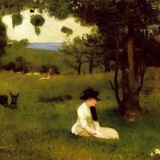 Prompt: a beautiful painting by George Inness and going door to door with Edouard Manet and Evard Munch, #micro, flat shading, An art deco luminus fuzzy otherworldly witch's garden rectangle jackal rum