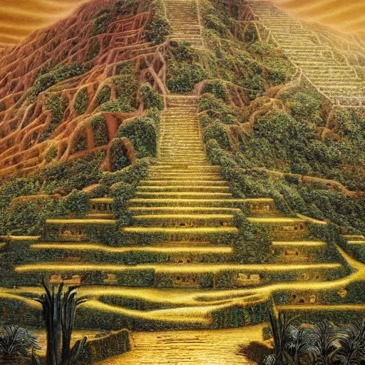 Prompt: intricate stunning highly detailed illustration of the inca lost city of gold, red 🌱, by agostino arrivabene and vladimir kush, blood blood blood rivers running through stairs, surreal, digital painting, ultra realistic, dramatic lighting, twisted vines, lush plants, gold, inca, pristine water, artstation
