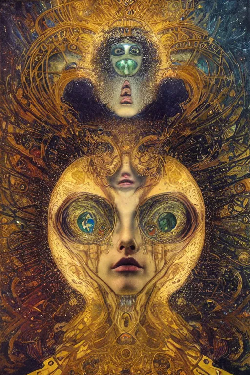 Image similar to Divine Machinery of Fate by Karol Bak, Jean Deville, Gustav Klimt, and Vincent Van Gogh, enigma, destiny, unearthly gears, otherworldly, fractal structures, arcane, prophecy, ornate gilded medieval icon, third eye, spirals