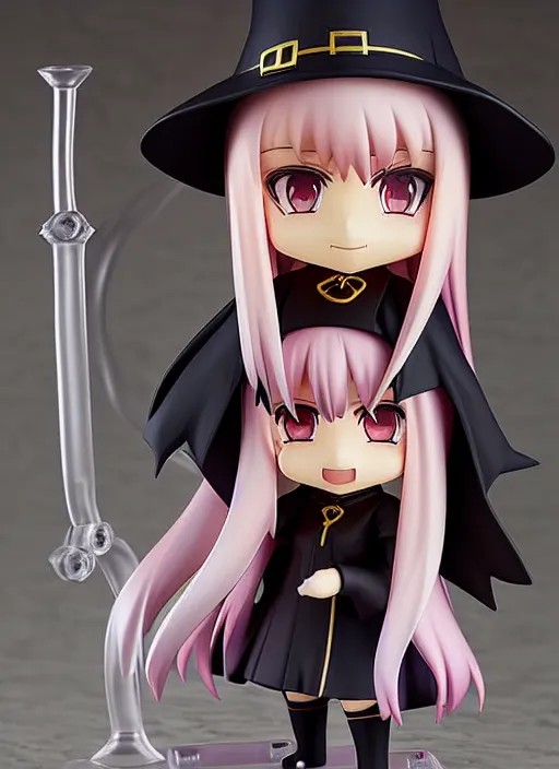 Prompt: nendoroid anime beautiful female witch with long, pink hair and a spellbook in her hands, pretty symmetrical face, fullbody, pointy hat, black robes, magic, anime, nendoroid, magical, motes of light, dark library