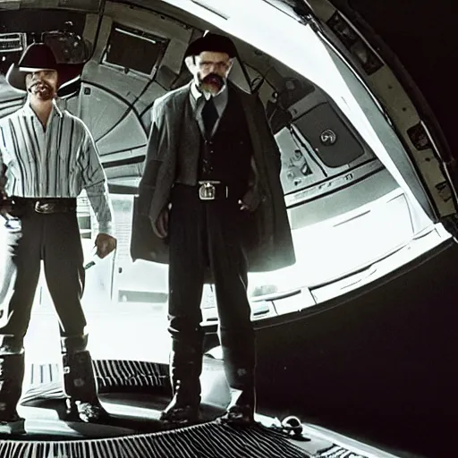 Prompt: wyatt earp and doc holliday, standing on the deck of a spacecraft inspired by the movie interstellar, high detail, high fidelity