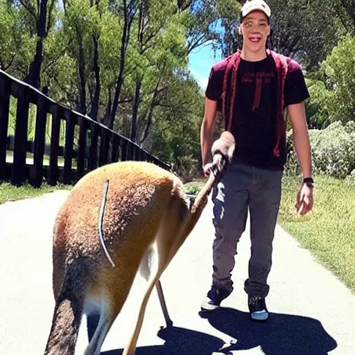 Prompt: Pete Davidson!!! walking a kangaroo, photo