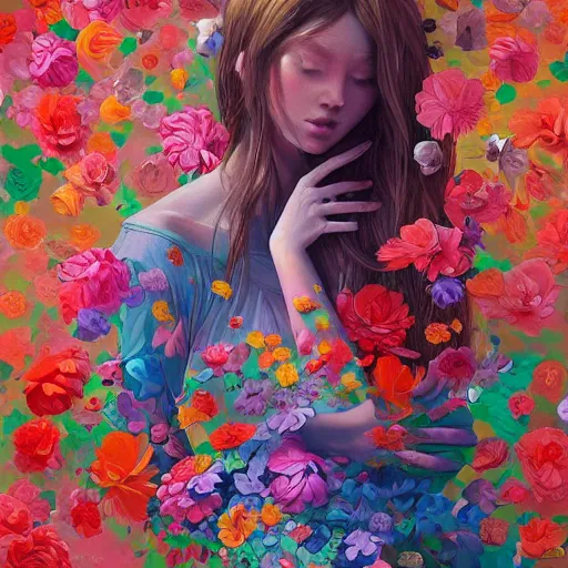 Image similar to a bouquet of colorful flowers, flowers with very long petals, light and shadow, glowing, vivid, hidden soft and delicate female hands, no head, no body, no face, detailed painting, by James Jean and Ross Tran, masterpiece, award winning painting