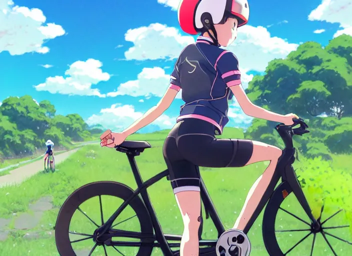 Prompt: portrait of cute girl riding road bike, sunny sky background, lush landscape, illustration concept art anime key visual trending pixiv fanbox by wlop and greg rutkowski and makoto shinkai and studio ghibli and kyoto animation, symmetrical facial features, sports clothing, cylcing helmet, nike cycling suit, backlit, aerodynamic frame, from long riders