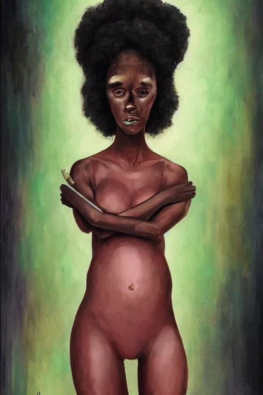 Prompt: A beautiful tall black woman with dark skin and a pink afro, looking at you from across the bar, holding a lit cigarette, digital art, oil painting, clean lines, drawn by H.R Giger