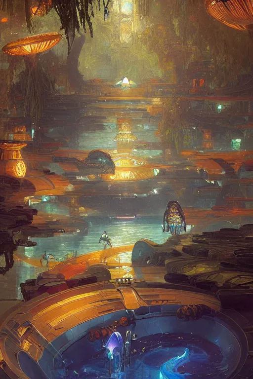 Prompt: Concept Digital Art Highly detailed Alien Art Deco Cybertron lazy river inside of the Pits of Kaon with glowing orange water at midnight by greg rutkowski, Ilya repin, alphonse mucha, and Edmund Blair Leighton. Very highly detailed 8K, octane, Digital painting, the golden ratio, rational painting, sharp