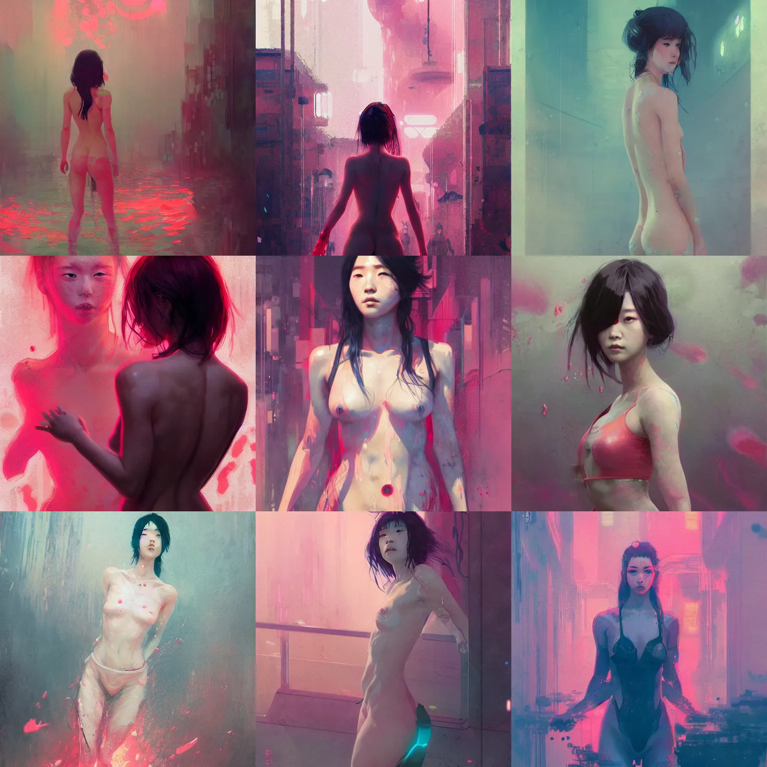 Prompt: lee jin - eun emerging from pink water in cyberpunk theme by greg rutkowski, claude monet, conrad roset, takato yomamoto, james jean, rule of thirds, seductive look, beautiful
