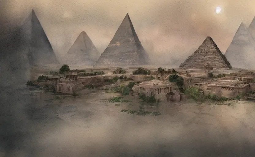 Image similar to a realistic and atmospheric cell - shaded watercolor concept art from howl's moving castle ( 2 0 0 4 ) of a sci - fi city and an egyptian pyramid complex in a flooded rainforest. very dull muted colors, hd, 4 k, hq