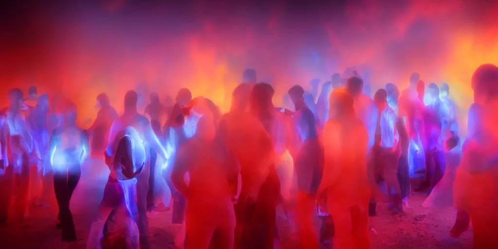 Image similar to love, groups of people in glowing thermal colors, from behind, rebirth, wide angle, cinematic atmosphere, elaborate, highly detailed, thermal heat colors, dramatic lighting