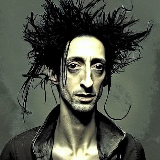 Prompt: stunning portrait of gaunt adrien brody a ( the cure fan ) as dream from sandman, dim stars as eyes, by jeremy mann, by cedric peyravernay, by by russ mills, by richard avedon and ben templesmith, dramatic lightning, sadness, dark eye sockets, in the shadows, punk rock, gothic, high detailed, 8 k