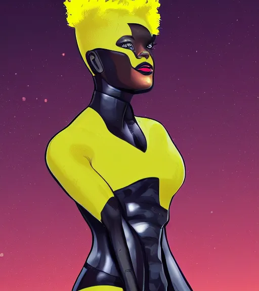 Image similar to a digital painting of a black female android with futuristic hair and yellow make-up, a comic book panel by Craig Thompson, behance contest winner, afrofuturism, marvel comics, official art, artstation hq