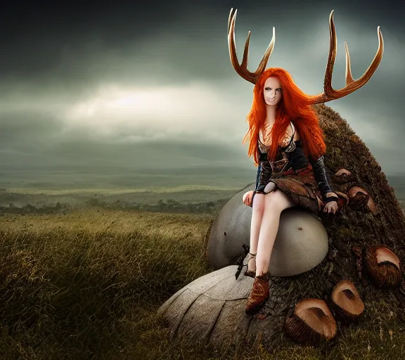 Image similar to a portrait photo of an armored female warrior redhead with antlers sitting on the edge of a giant mushroom that covers a whole town and reaches above the clouds by luis royo. intricate. lifelike. soft light. sony a 7 r iv 5 5 mm. cinematic post - processing