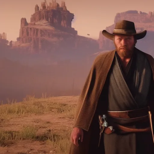 Image similar to Film still of Obi-Wan Kenobi in Red Dead Redemption 2 (2018 video game)
