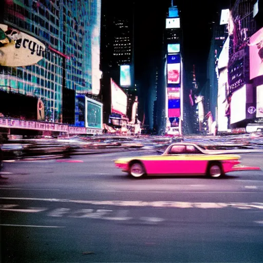 Image similar to a vivid photo of a unicorn galloping through times square in the 8 0 s, there are cars, long exposure