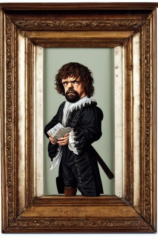 Image similar to a 1 6 0 0 s framed portrait painting of peter dinklage standing on a step stool, intricate, elegant, highly detailed