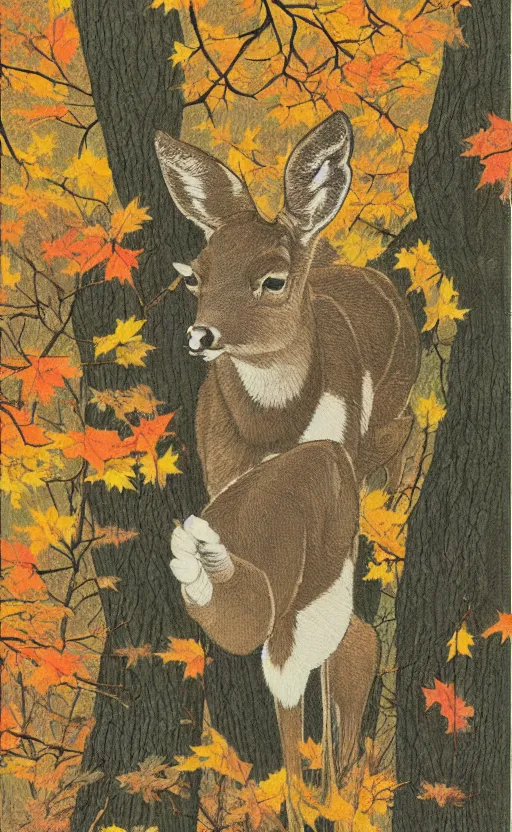 Image similar to by akio watanabe, manga art, a deer is jumping around in maple forest, fall season, trading card front