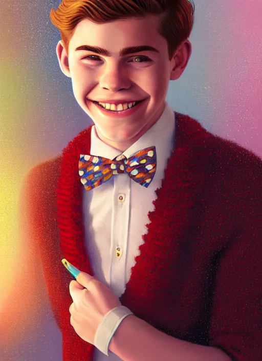 Image similar to portrait of teenage archie andrews, freckles, curly middle part haircut, curly hair, middle part hairstyle, smiling kindly, wearing a bowtie and sweater vest, intricate, elegant, glowing lights, highly detailed, digital painting, artstation, concept art, smooth, sharp focus, illustration, art by wlop, mars ravelo and greg rutkowski