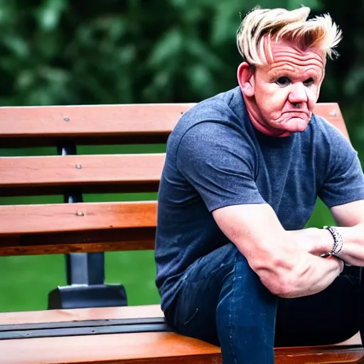 Image similar to dslr photo still of sad gordon ramsay sitting on a park bench with a tear on his cheek, 8 k, 1 1 0 mm f 1 6