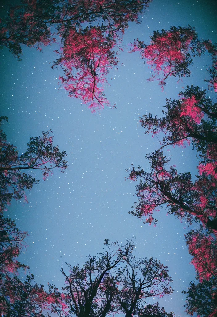 Prompt: lomo photo of looking up at trees with pink leaves, black night sky, stars, cinestill, bokeh, out of focus, dramatic lighting