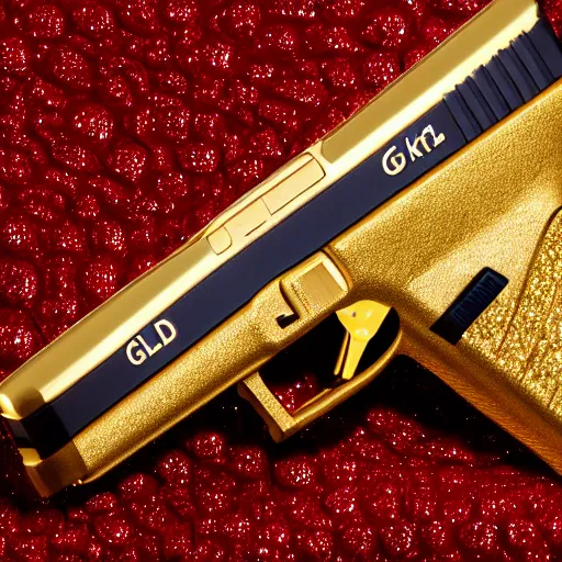 Prompt: a medium shot photograph of a gold glock 18 encrusted with gemstones against a smooth red silk background