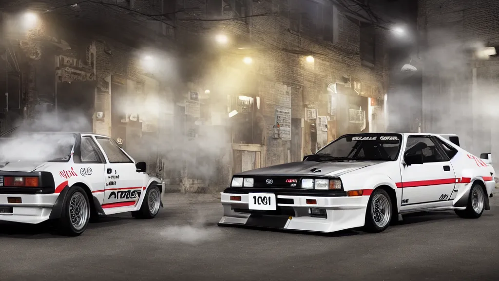 Image similar to a 1 9 8 3 toyota ae 8 6 with carbon hood and tofu shop side door banner, cinematic, nikon d 7 5 0, long exposure, white balance, 8 k, led, lumen global illumination, fog, ray tracing reflections, fxaa, rtx, post - production