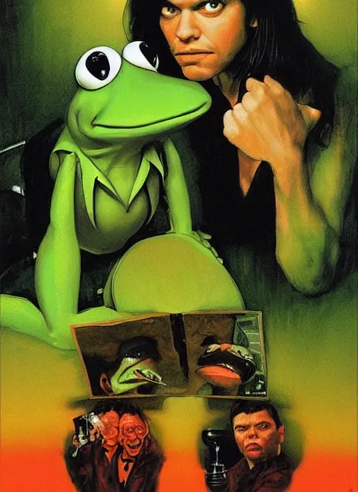 Image similar to poster artwork by Drew Struzan, Drew Struzan of portrait of Kermit the Frog, from scene from Pulp Fiction