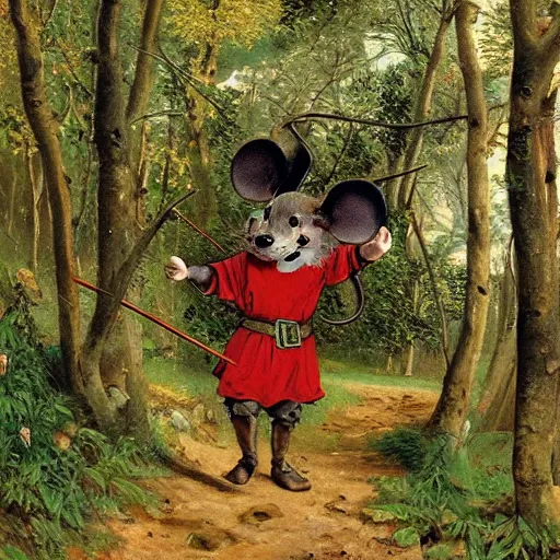 Prompt: an adventurous anthropomorphic mouse wearing medieval clothing walking through a lush forest, vasnetsov, 4k resolution