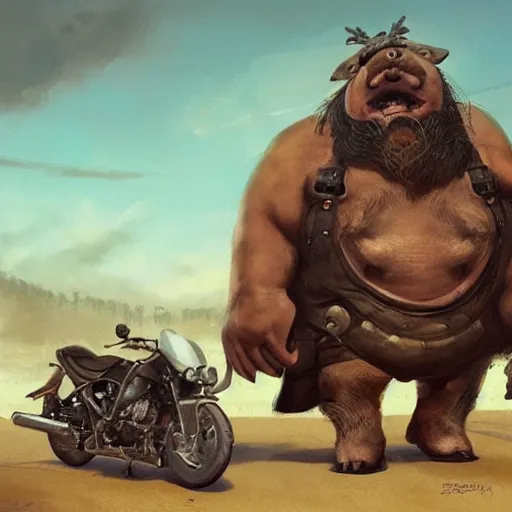 Image similar to A biker pig with a beard next to other biker animales bikers, hyperrealistic, greg rutkowski, trending in artstation, cinematographic