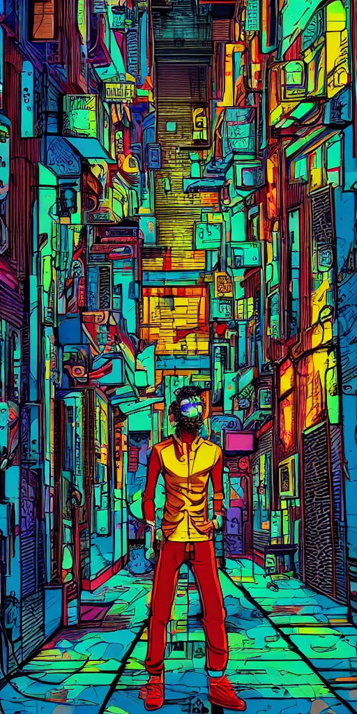 Image similar to person standing in a cyberpunk alley, pop art, markers, rtx, 8 k, ray tracing, highly detailed