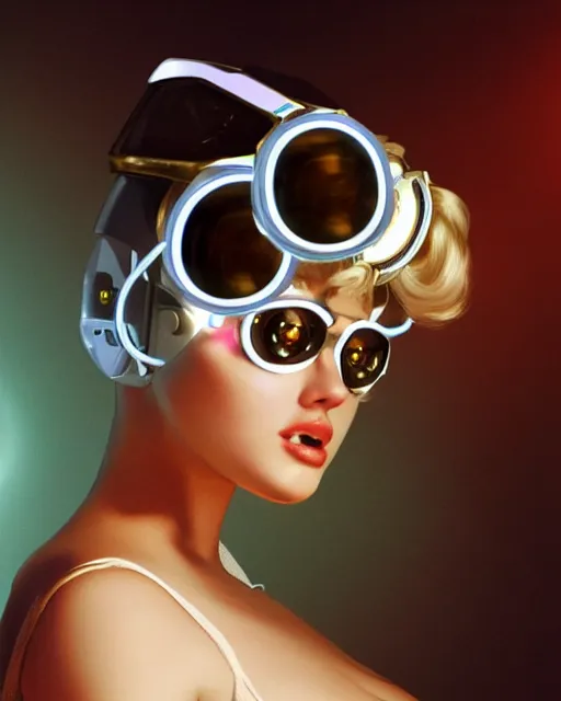 Image similar to centered portrait photo of cute young anna nicole smith as a solarpunk mecha humanoid robotic parts wearing goggles with bright lights, real human face, pudica pose by bouguereau, inside white room, ultra - realistic and detailed, 8 k