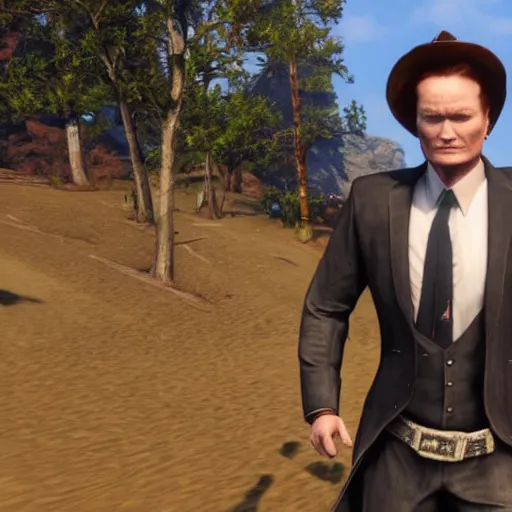 Prompt: Conan O'Brien as a holy preacher, in game screenshot of Red Redemption 2